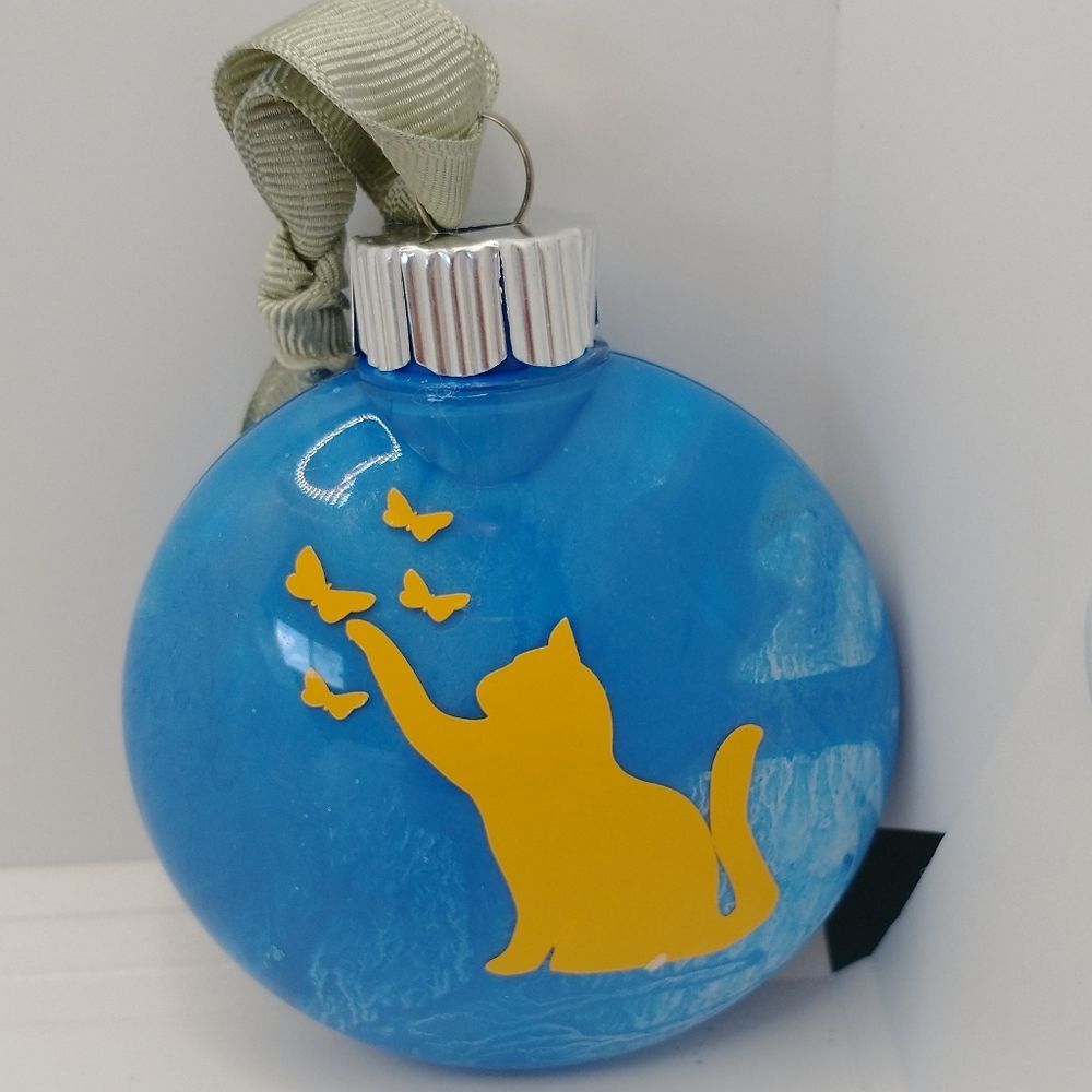 Handcrafted Cat Christmas Ornament Blue Yellow Plastic Bulb Holiday Decor 3"